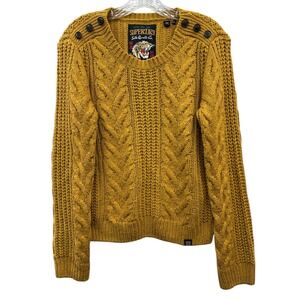 Superdry Women's Winter Fall Cable Knit Ribbed Sweater Mustard Yellow Buttons S